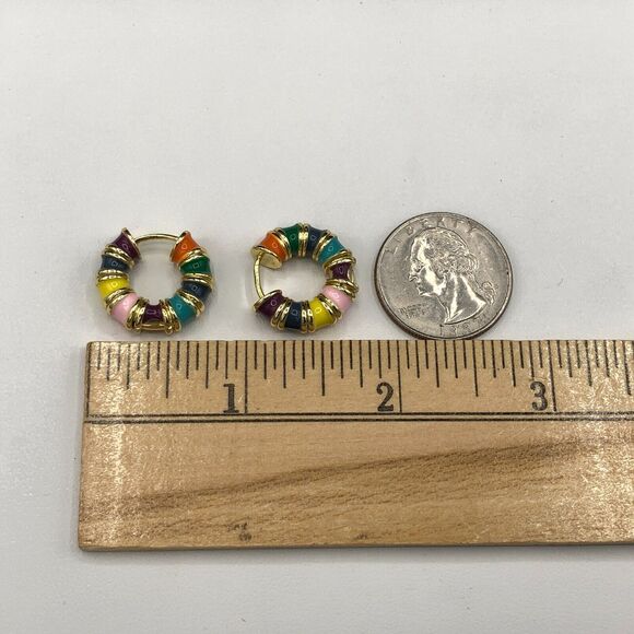 Rainbow Hoop Earrings Retro Multi Color Enamel Gold Tone 80s 90s Style Huggies - Picture 6 of 6